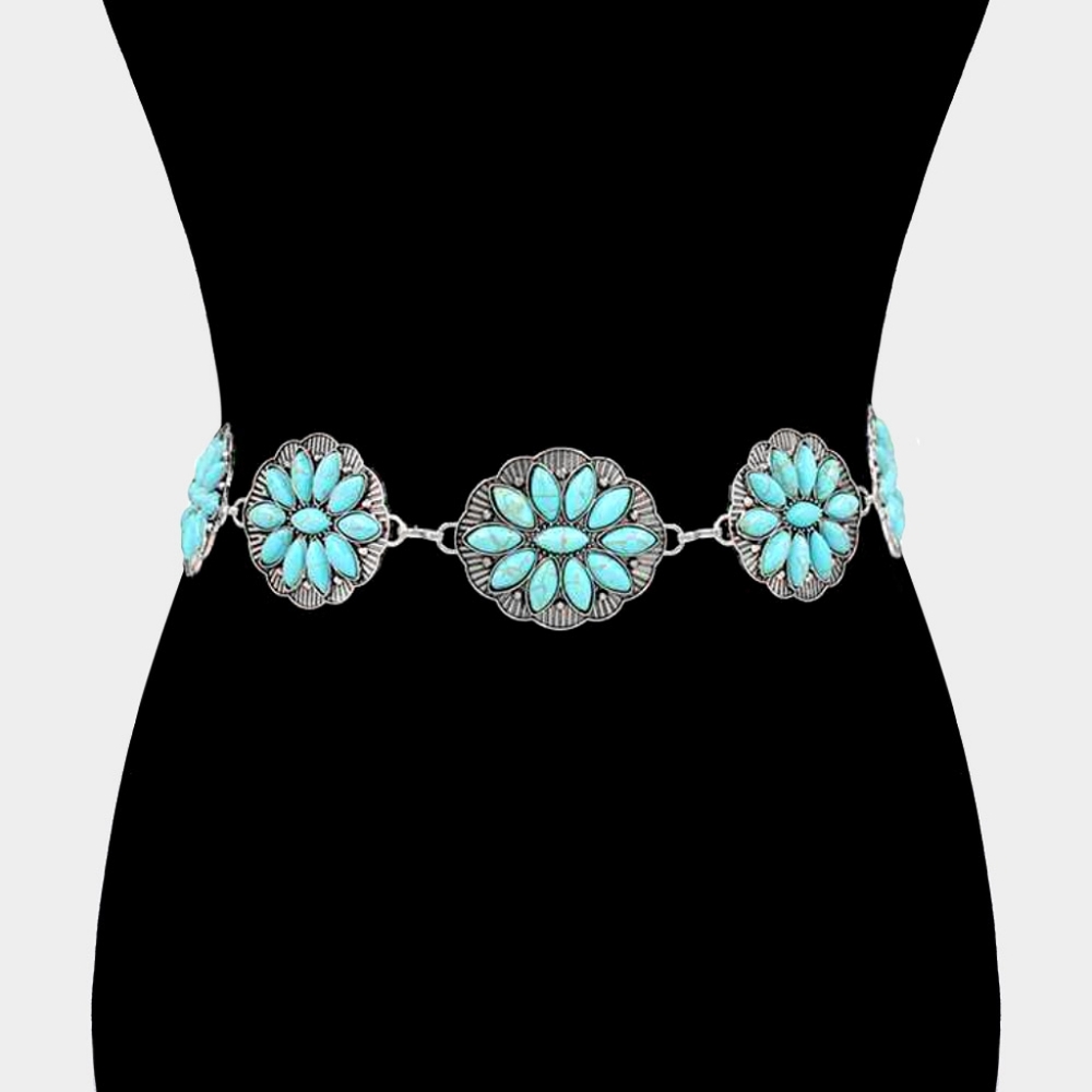 Western Turquoise Silver Metal Boho Stone Chain Belt Statement Accessory